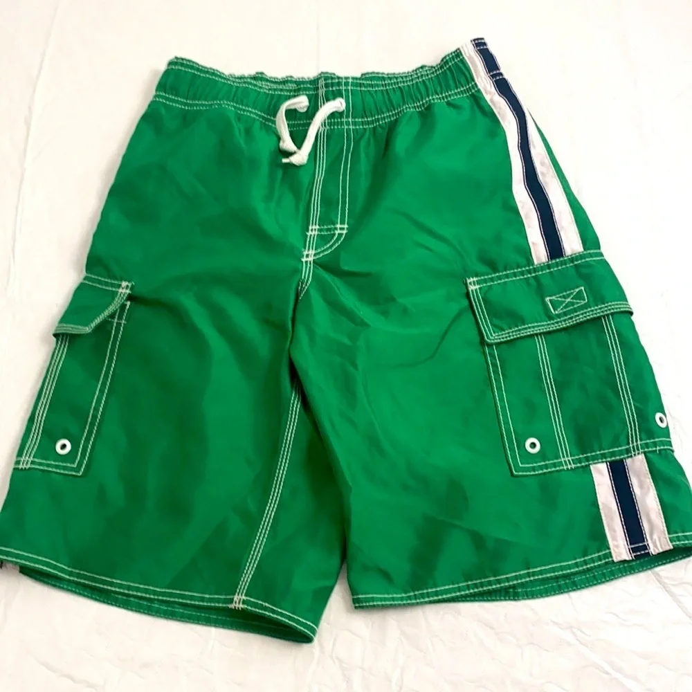 Old Navy green and white swim trunks with pockets